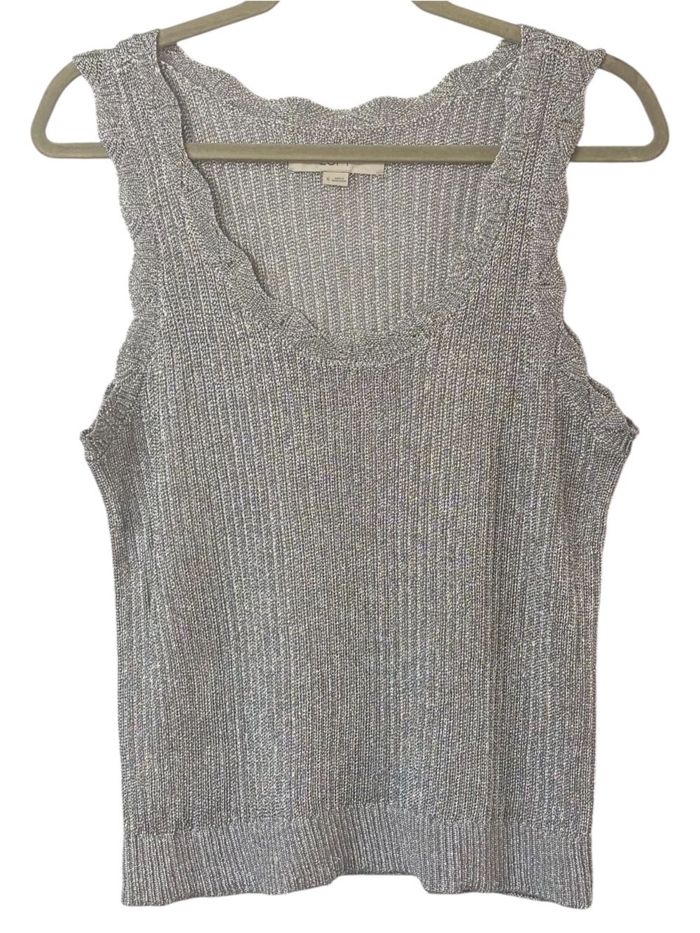 Loft Shimmer Metallic Silver Scalloped Scoop Neck Tank Top Party Wedding Sz XL